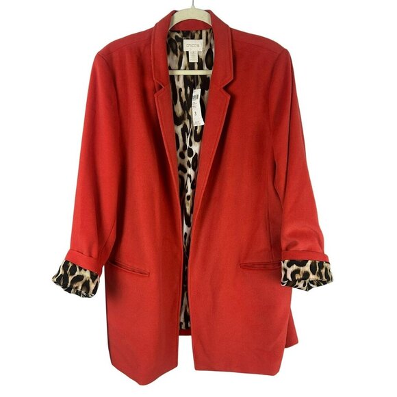 NEW Chico's Duster Soft Boyfriend Blazer Jacket Women 3 XL Coral Orange Cheetah - Picture 1 of 7